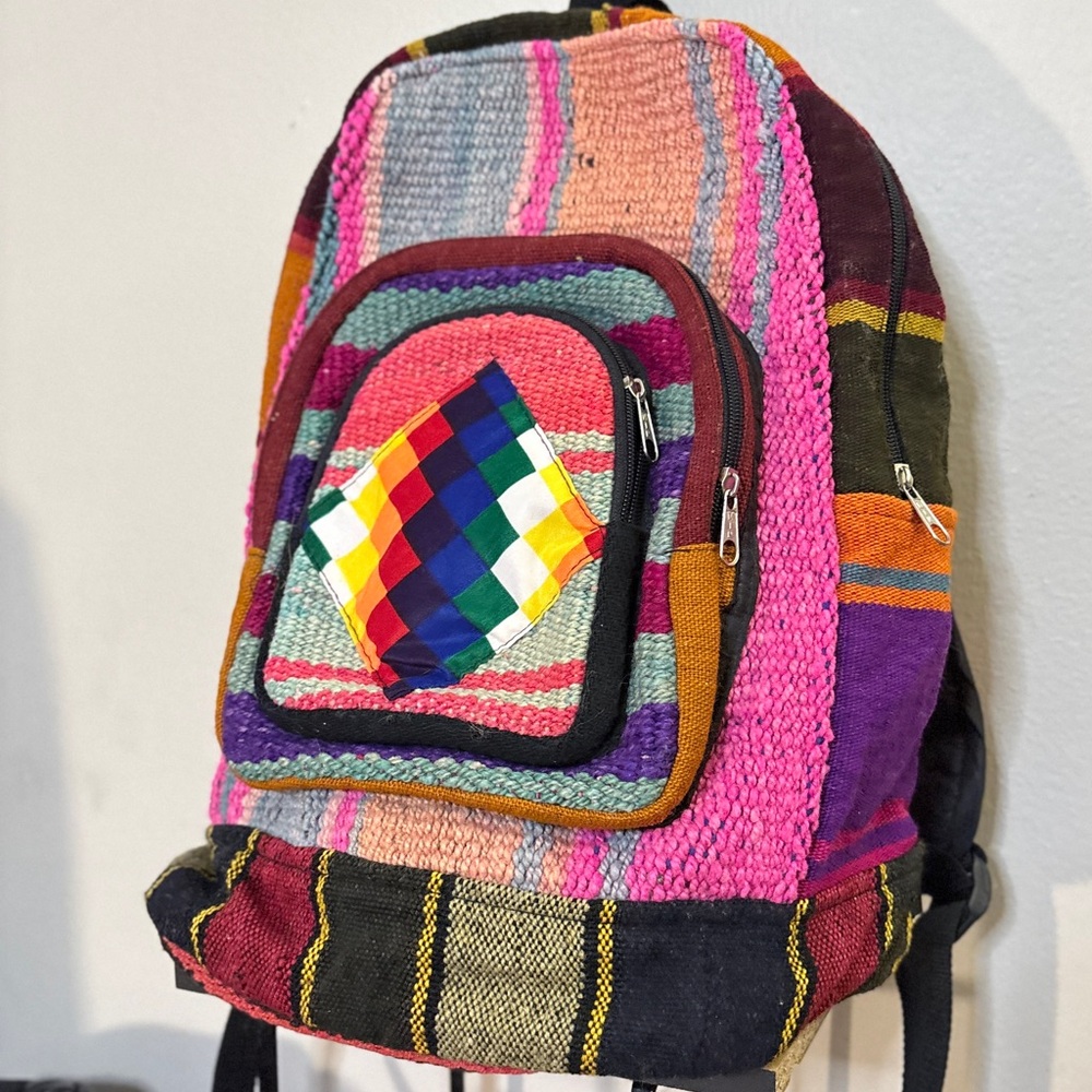 Colourful Woven Striped Backpack Front Pocket Rainbow Wiphala Made in Andes SA - Picture 2 of 16